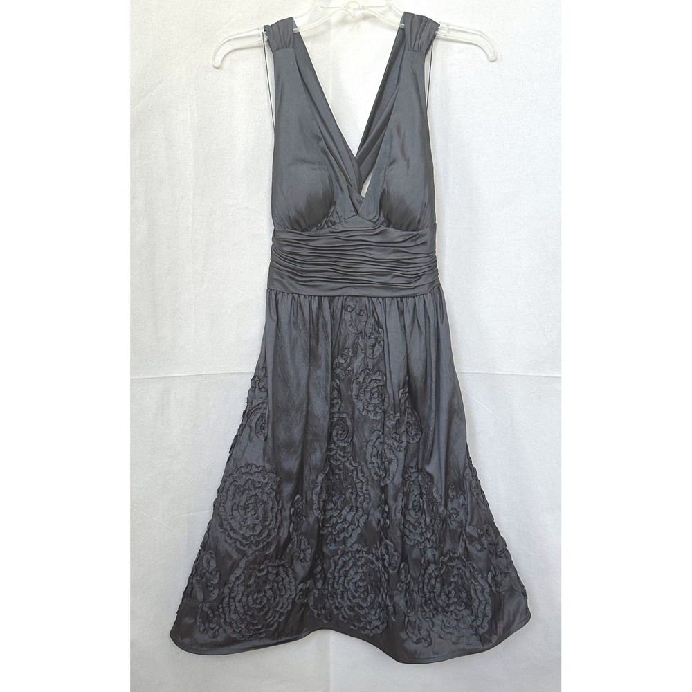 Y2K Adrianna Papell Goblin Brown Iridescent Rosette Dress Sz. 4 Twist Open Back - Picture 2 of 16